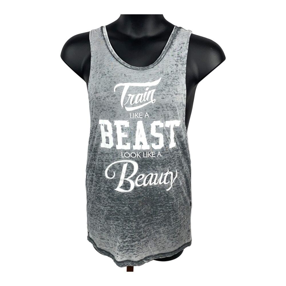 Train like a beast women's gray athletic tank top semi-sheer distressed SZ Med